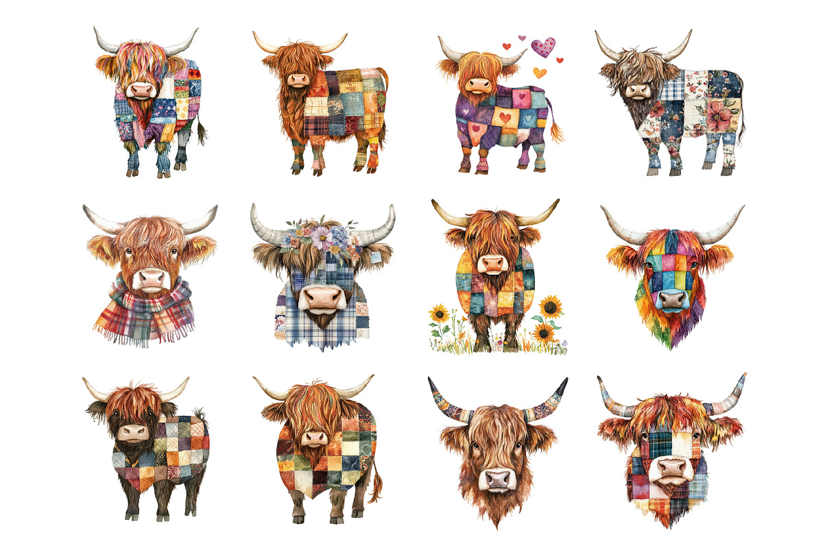 Patchwork Highland Cow Clipart, an Illustration by Design Market (Photo 3 of 3)