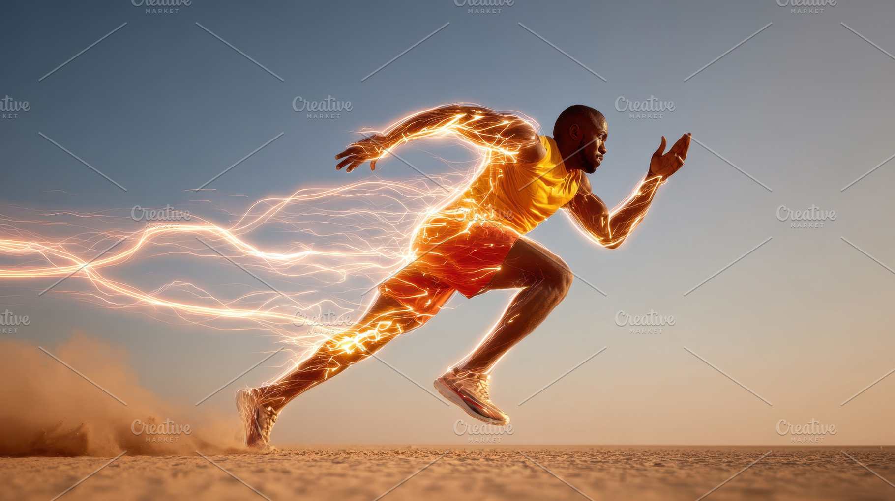 Dynamic male athlete sprinting in the desert, a Sports & Recreation Photo by AlyaAnd