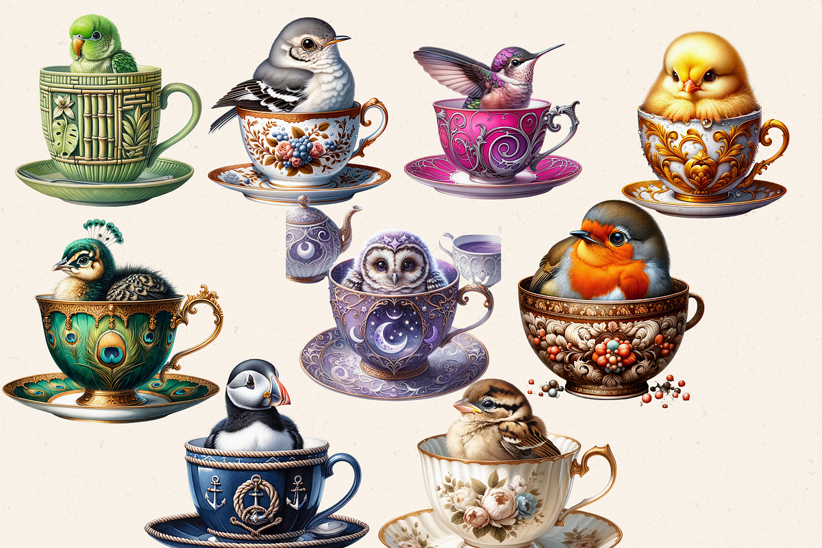 BIRDS IN TEACUP CLIPART PACK, an Animal Illustration by Daring Digies (Photo 3 of 7)