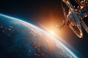 Satellite orbiting earth at sunrise, a Technology Photo by AlyaAnd