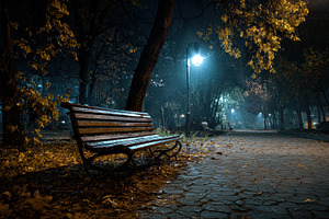 Night view of a park bench under, a Photo by Pavel_design