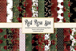 Red Rose Bee Digital Paper