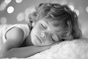 Little child boy sleeps in a crib in black and white colors, a Person Photo by AlyaAnd
