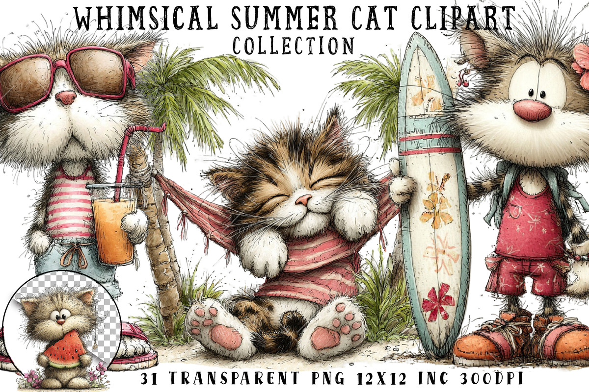 Whimsical Summer Cat Clipart, an Illustration by OK Design (Photo 1 of 6)