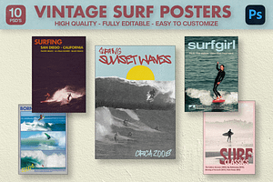 Vintage Surf Posters – Editable PSDs, a Branding & Logo Template by Golden Vision Studio