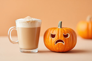 Pumpkin looks jealous of fancy coffee drink beside it on a pastel backdrop, a Holiday Photo by AlyaAnd