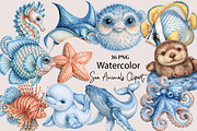 Watercolor Sea Animals Clipart, a Seasonal Illustration by SVGArt (Thumbnail 1 of 5)