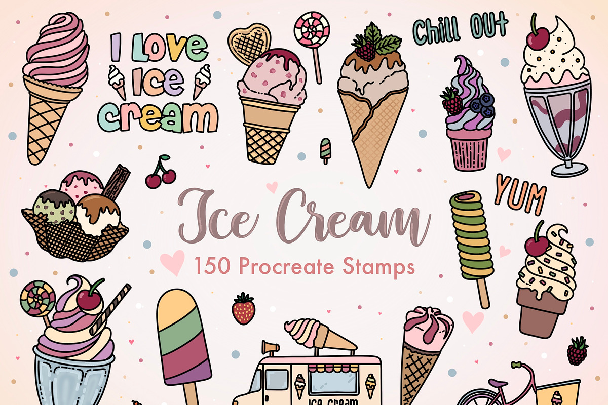 150+ Procreate Ice Cream Stamp Set, a Brush Add-On by SketchQueen (Photo 1 of 7)