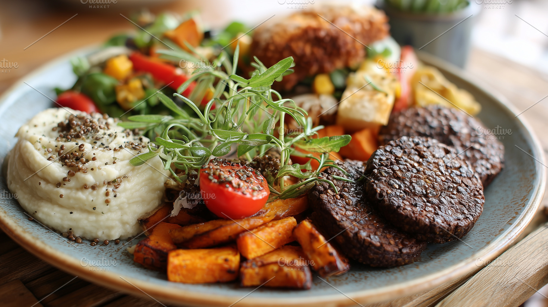 Healthy vegan plate lentil patties, a Food & Drink Photo by MistyDay