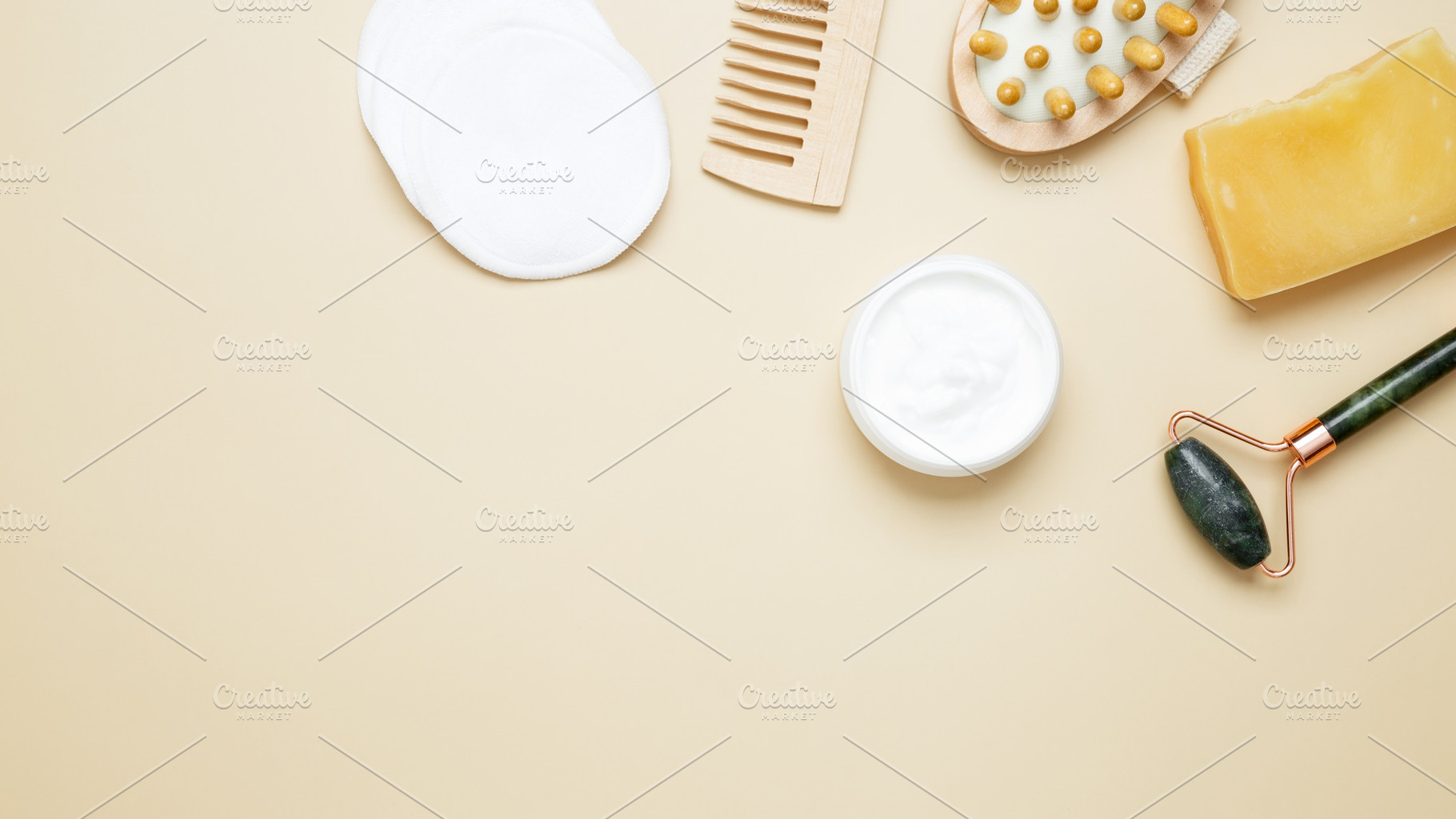 Natural beauty set with marble roller, gua sha, wooden body brush, face cream a, a Photo by matucha