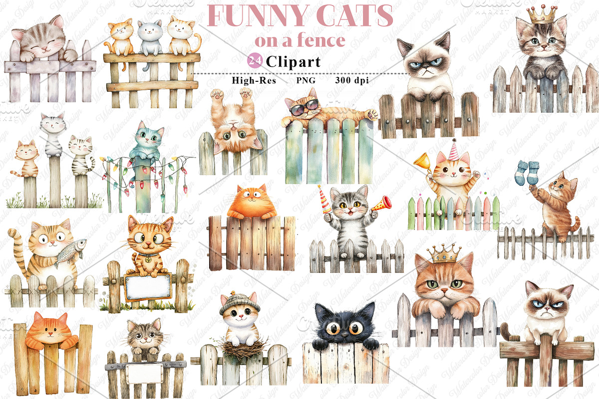 Watercolor Funny Cats on Fence PNG, an Illustration by Watercolor design (Photo 1 of 12)