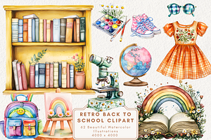 Retro Back to School Clipart, an Illustration by NadiaTheronArt