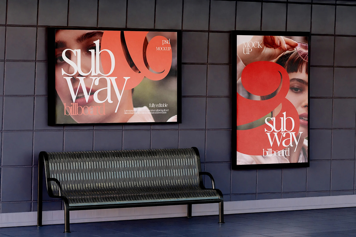 Billboard in Subway Station Mockup, an Advertising Mockup by skybluecreative (Photo 2 of 2)