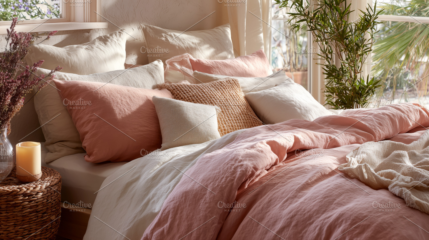 Sunlit Bedroom with Pink, an Architecture Photo by Ocean Digital Art