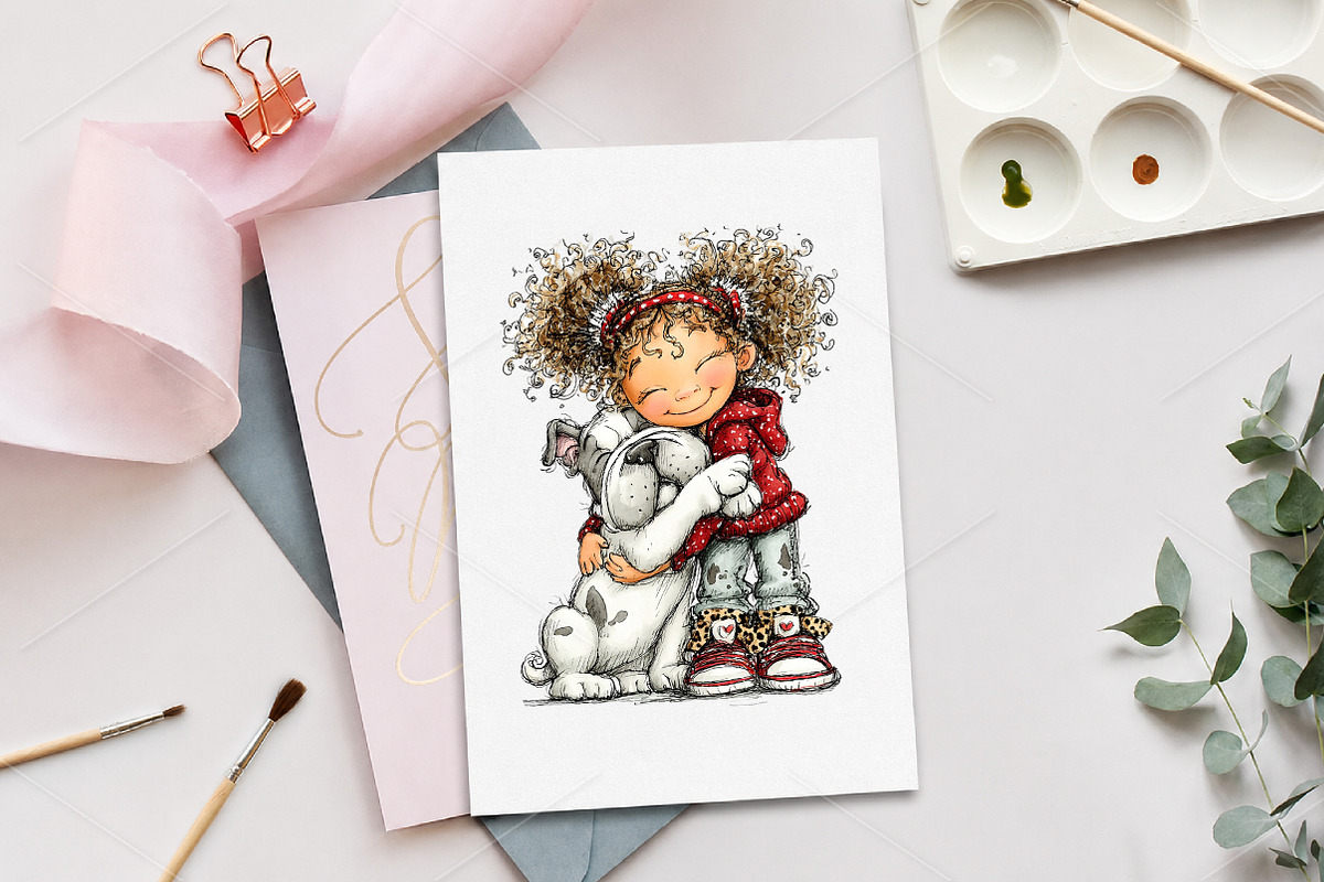 Whimsical Hugging Girl and Dog PNG, a Seasonal Illustration by Canvas Craft (Photo 8 of 10)
