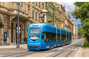 Modern tram on a street of Zagreb, Croatia, a Transportation Photo by Leonid Andronov