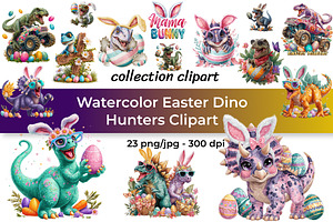 Watercolor Easter Dino Hunters Set, a Seasonal Illustration by InkyQueenArt
