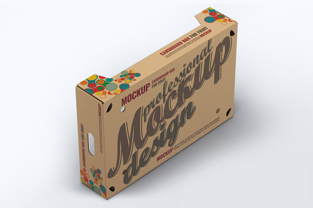 Cardboard Box Fruit Package Mock-Up, a Packaging Mockup by DesignRushMarket (Photo 2 of 7)