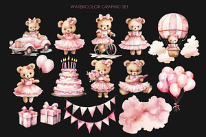 Watercolor Pink Baby Bear Clipart