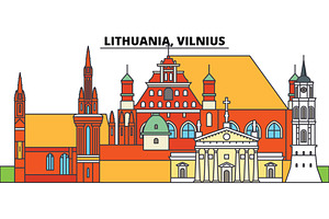 Lithuania, Vilnius. City Skyline, Architecture, Buildings, Streets, Silhouette, Landscape, Panorama, Landmarks. Editable Strokes. Flat Design Line Vec