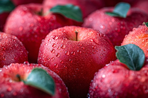 Fresh, dew-covered red apples arranged closely with vibrant gree, a Food & Drink Photo by ImageMir
