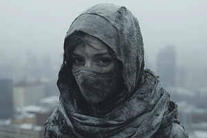 Mysterious figure in a snowy urban l, a Photo by Tanuart