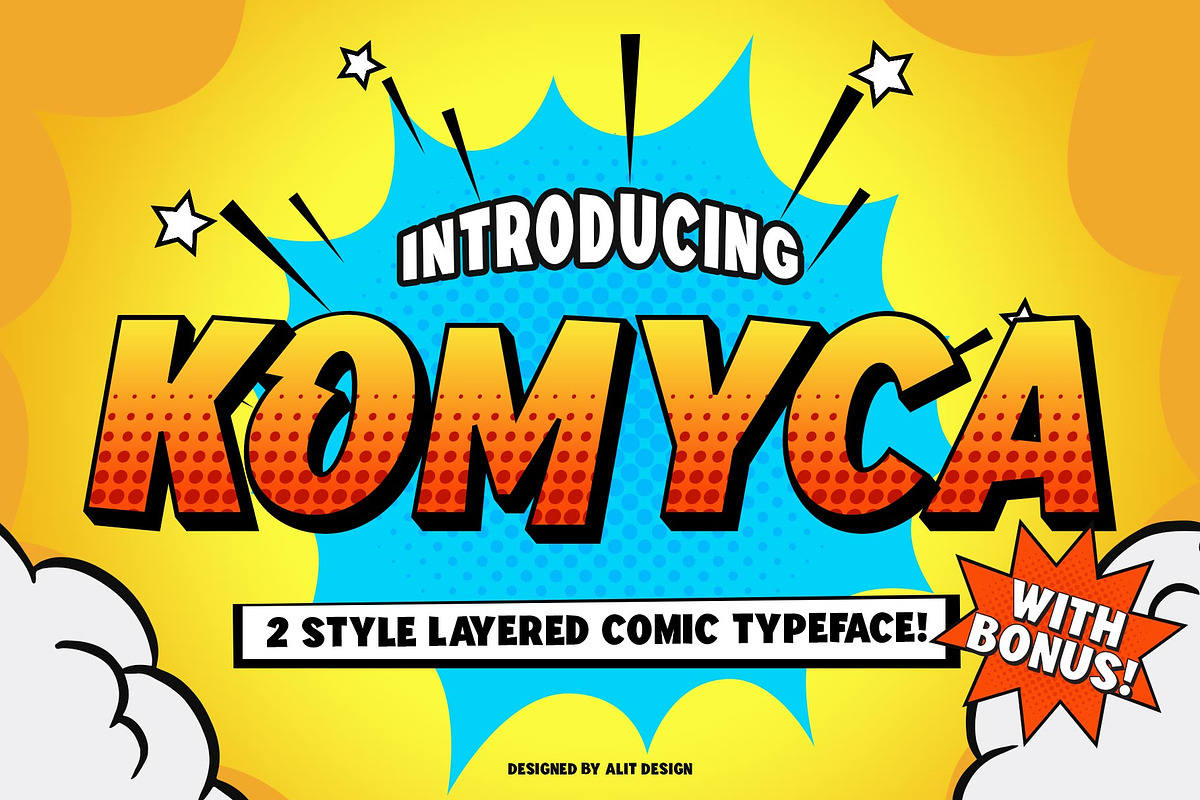 Komyca Layered Comic Typeface, a Sans Serif Font by alit design (Photo 1 of 17)