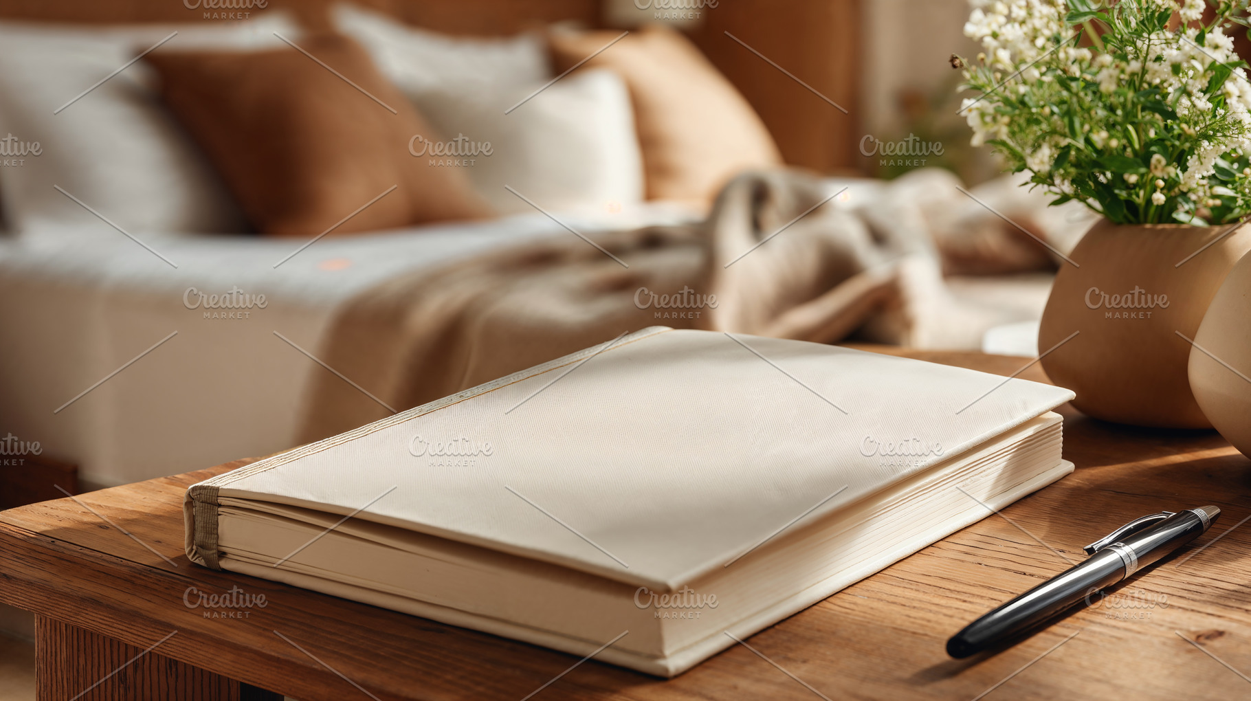 Cozy hotel room with notebook and pen on wooden table, a Holiday Photo by OSORIOartist