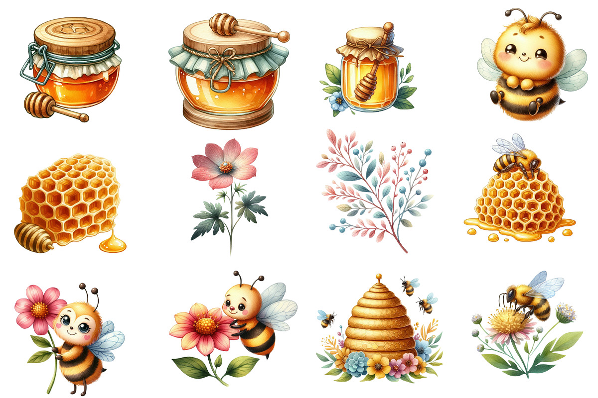 Cute Bee watercolor clipart, an Illustration by Designworld (Photo 4 of 5)