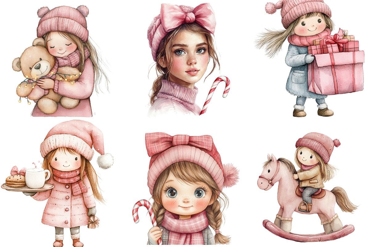 Cute Girl Pink Christmas Clipart, an Illustration by DreamArtGraphic (Photo 2 of 5)
