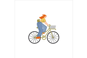 Woman with bike, tourist riding, a Sport Illustration by Mila Di Art