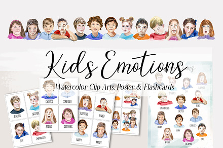 Kids Emotions - Watercolor Set, an Education Illustration by Tati Bordiu