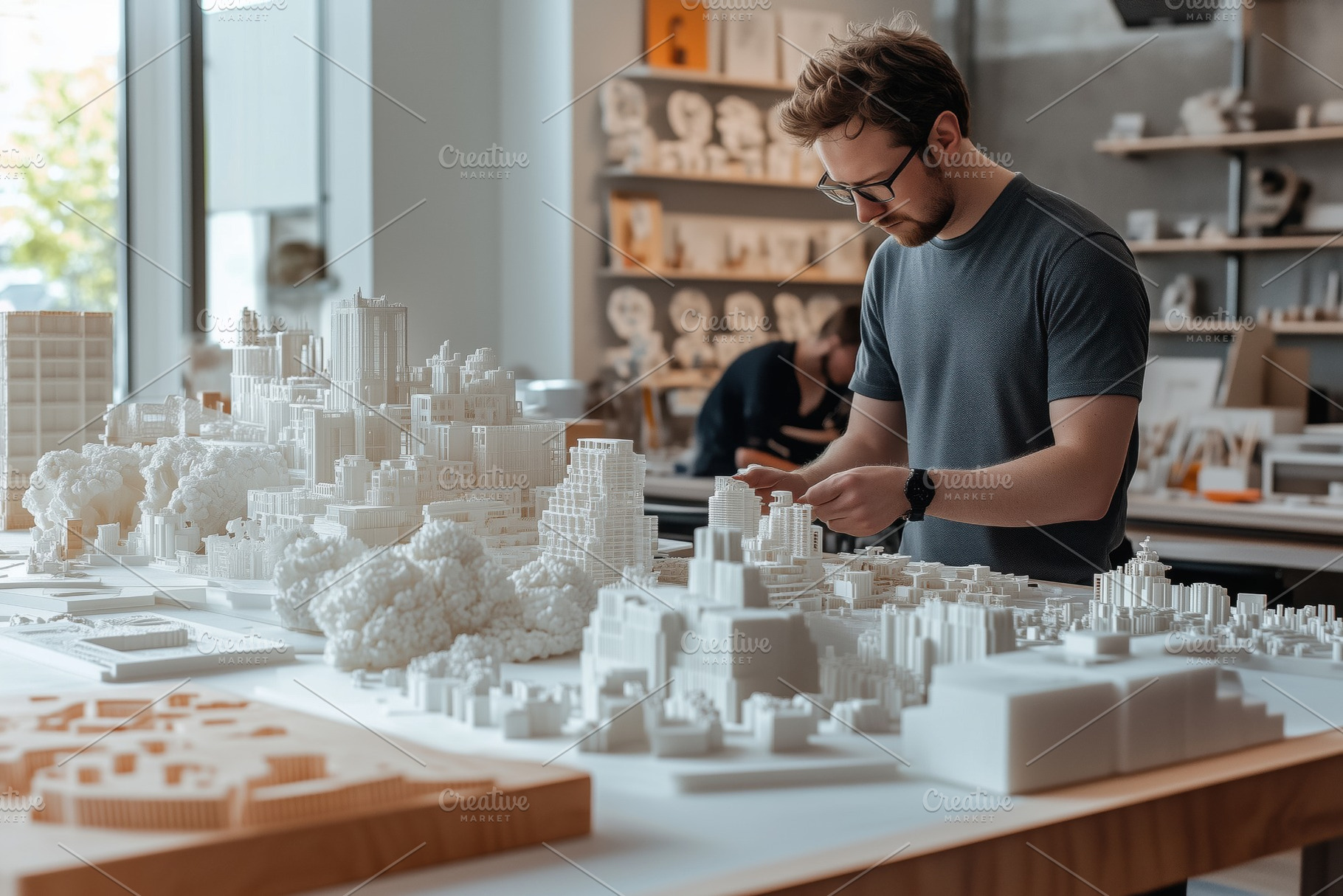 A young man industrial designer in a gray t-shirt examines a detailed architect, a Person Photo by Textures & Backgrounds