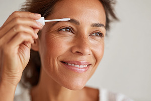Woman applying eyebrow gel with a smile, a Beauty & Fashion Photo by AlyaAnd