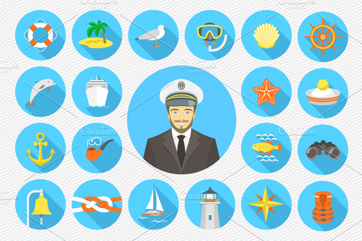 Flat Nautical Icons and Pattern, an Icon by Vectorikart (Photo 1 of 2)