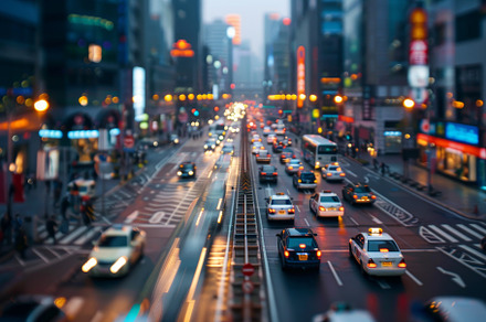 Busy urban street in the evening wit, a Photo by Tanuart