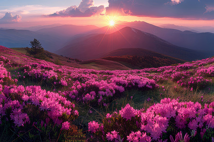 Stunning Summer Sunset Over Blooming Rhododendrons in the Carpathian Mountains, a Photo by AS photostudio