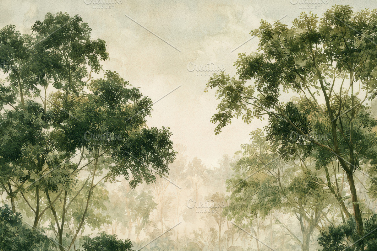 Verdant Misty Woodland Wallpaper, a Decorative Illustration by Virgo Studio