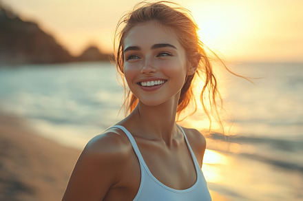 Smiling woman walking along the beach at sunset enjoying the serene atmosphere, a Person Photo by AlyaAnd