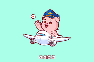 Pig Pilot Riding Airplane Icon, an Animal Illustration by tkzgraphic