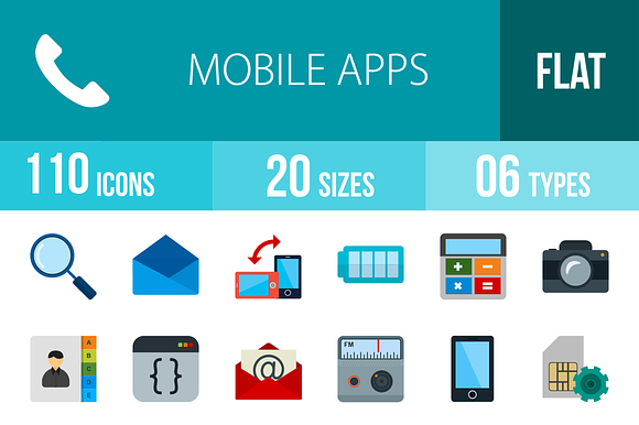 110 Mobile Apps Flat Multicolor Icon