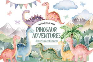 Watercolor Dinosaur Adventure Set, an Illustration by TatiMockup