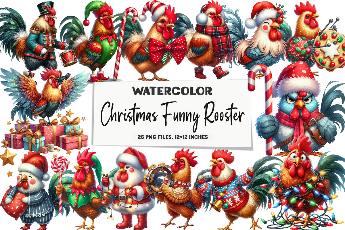 Christmas Funny Rooster Clipart, an Illustration by DreamArtGraphic (Photo 1 of 3)