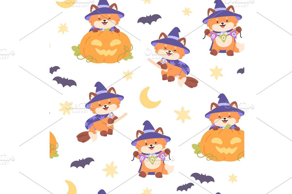 Halloween fox seamless pattern, an Illustration by LadadikArt