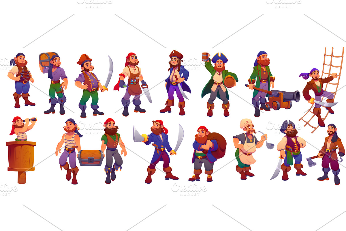 Cartoon pirate corsair ship crew, a Person Illustration by Vector Tradition