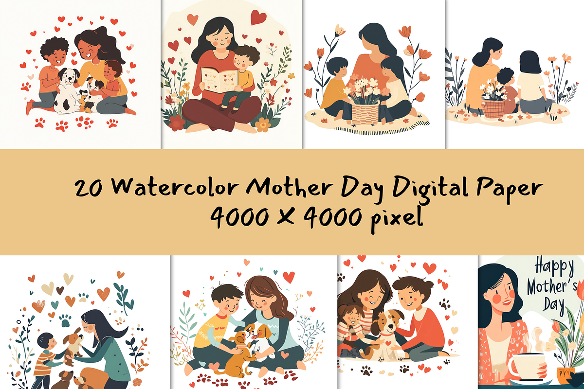 Mother & Kids with Pets Clipart Set, a Graphic by ikarifq shop (Photo 1 of 4)