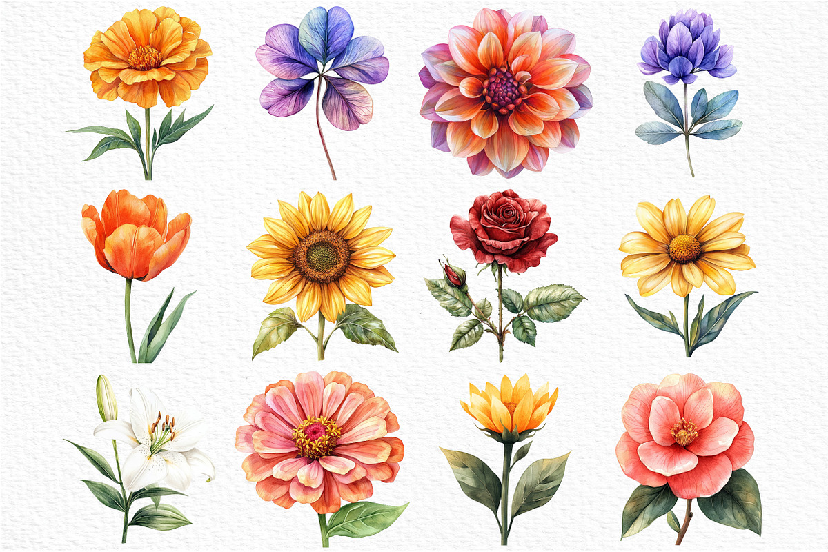 Watercolor Retro Flower Clipart, an Illustration by Craft Nest (Photo 3 of 6)
