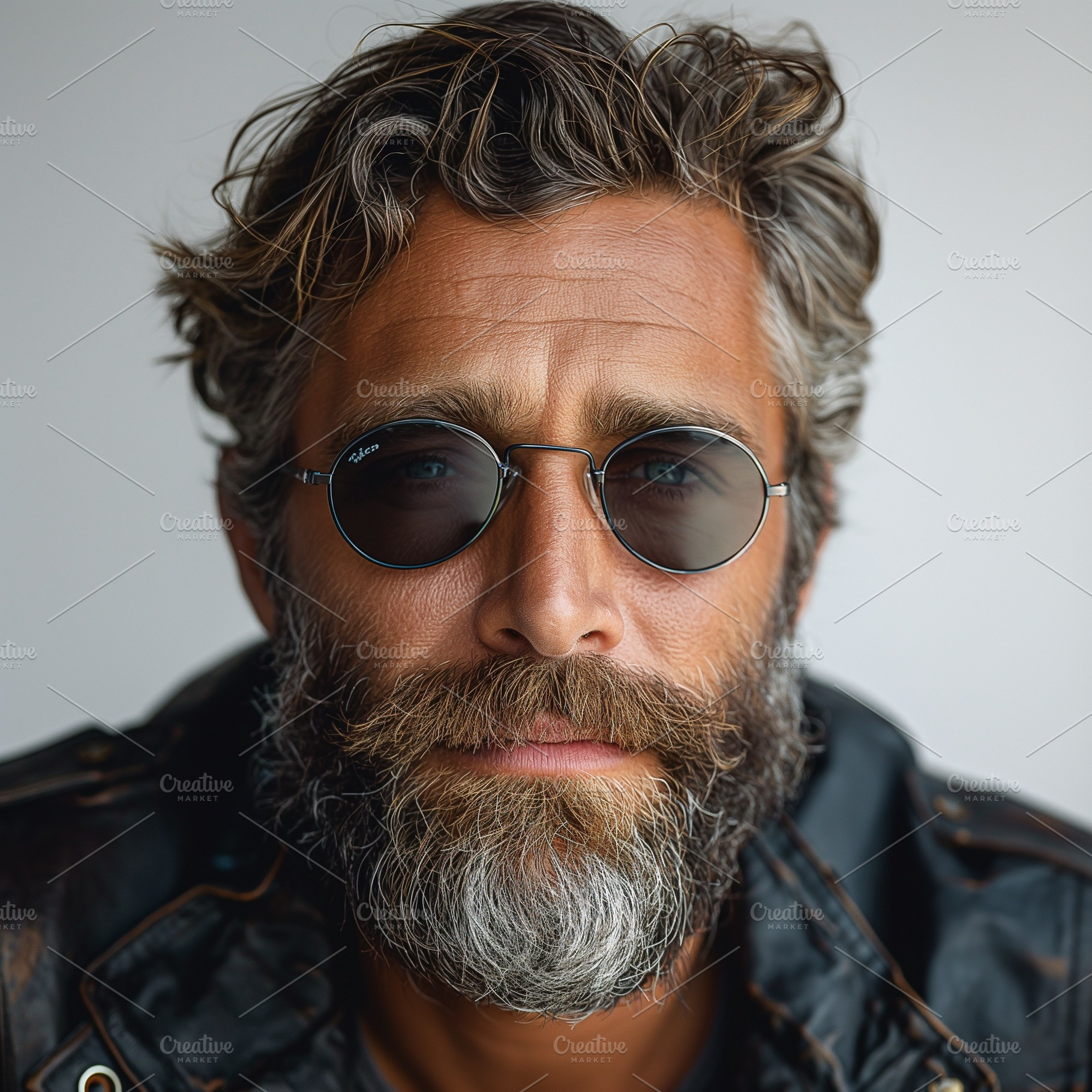 A rugged Caucasian man with a flowing beard and curly hair, wearing stylish sun, a Person Photo by ImageMir