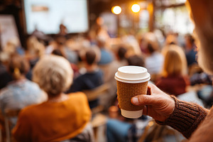 Caffeine break during a crowded conference in a modern venue in the evening, a Photo by AlyaAnd