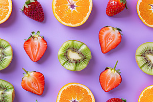 Pattern of ripe slices of different berries on purple background, a Food & Drink Photo by AlyaAnd